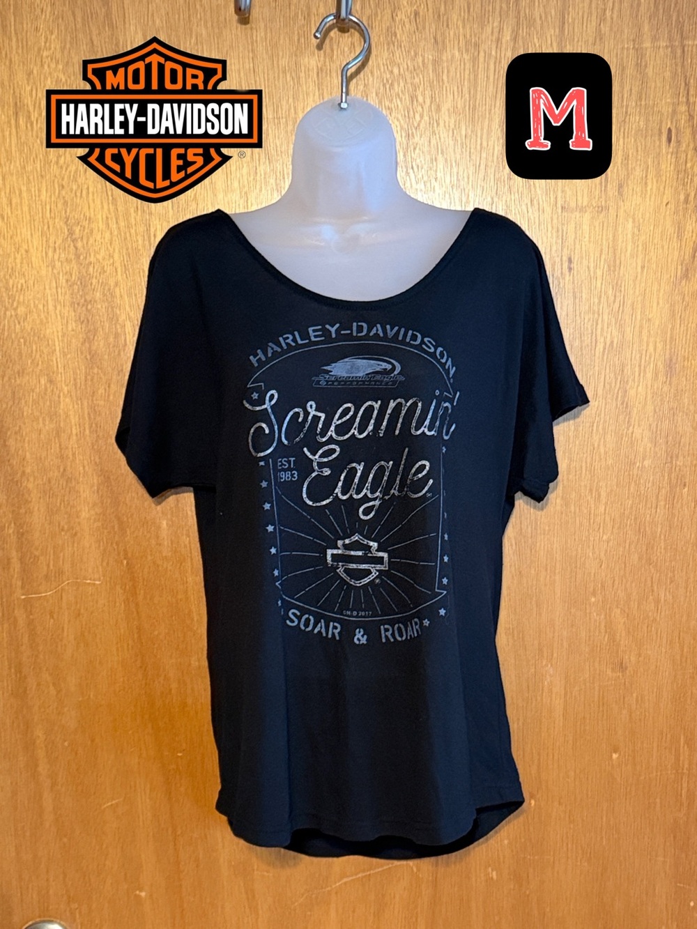 Harley-Davidson Black Women's Scoop Neck Screamin' Eagle Graphic Low Back Tee M